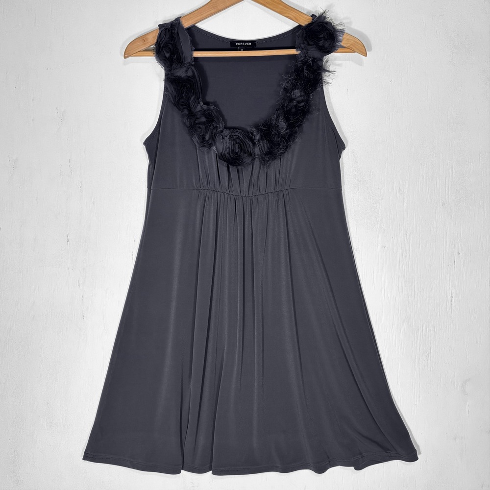 VTG Y2K Forever Gray Rosette Trim Sleeveless Mini Dress Size M Babydoll